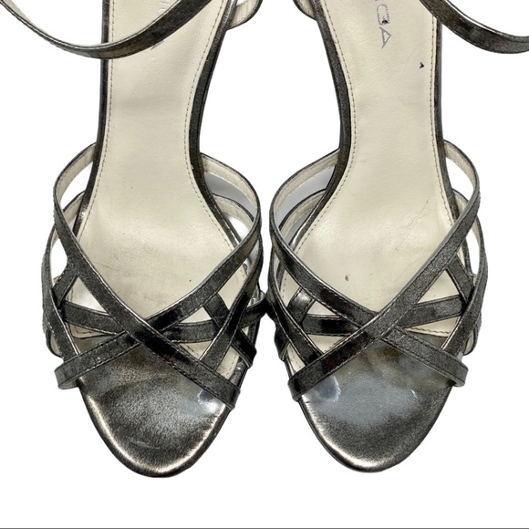 VIA SPIGA Metallic Pewter Strappy Open-Toe Heels - Picture 4 of 12